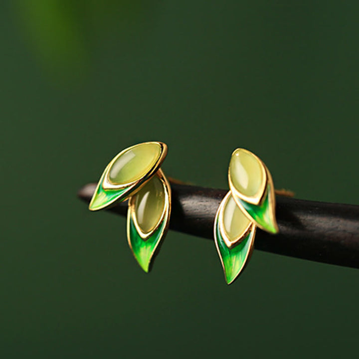Ohrringe Jade Blatt Silber Wohlstand grün Naturmotiv Boho Schmuck spirituell