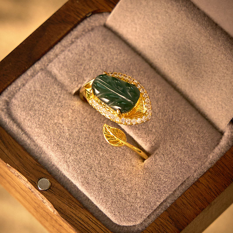 Jade Blatt Ring Gold Kupfer Wohlstand Fengshui Schutz Glück