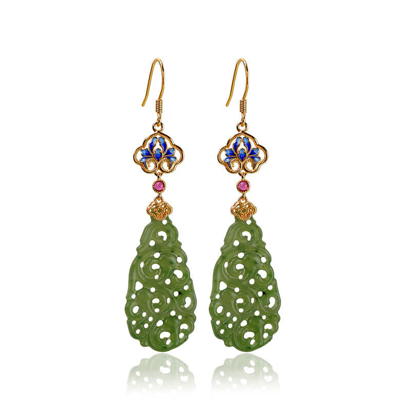 Ohrringe Hetian Jade Emaille – Wohlstand grün geschnitzt Boho Schmuck spirituell