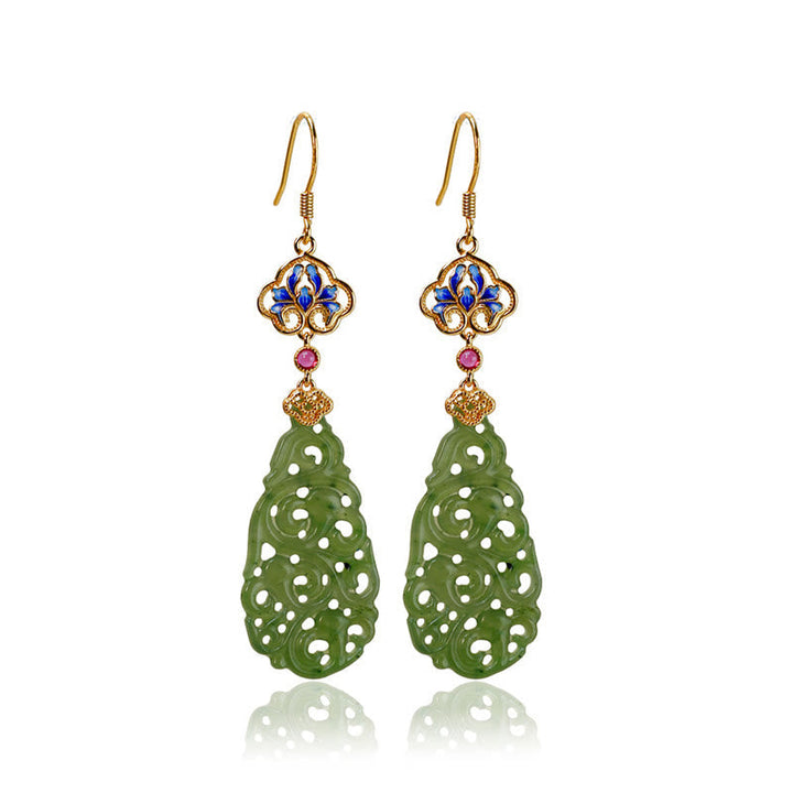Ohrringe Hetian Jade Emaille – Wohlstand grün geschnitzt Boho Schmuck spirituell