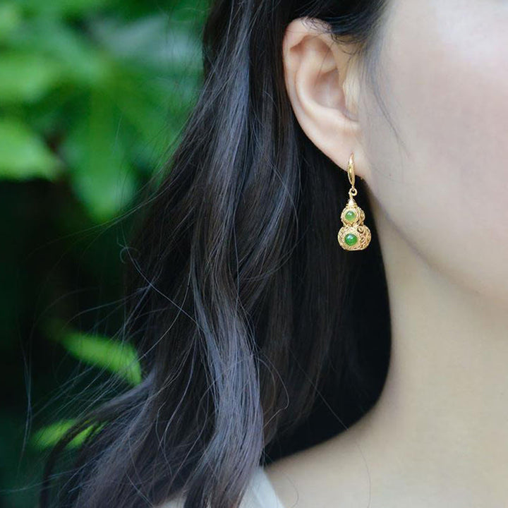 Ohrringe Jade Kupfer Kalebasse – Wohlstand getragen Boho Schmuck spirituell Ohrhänger