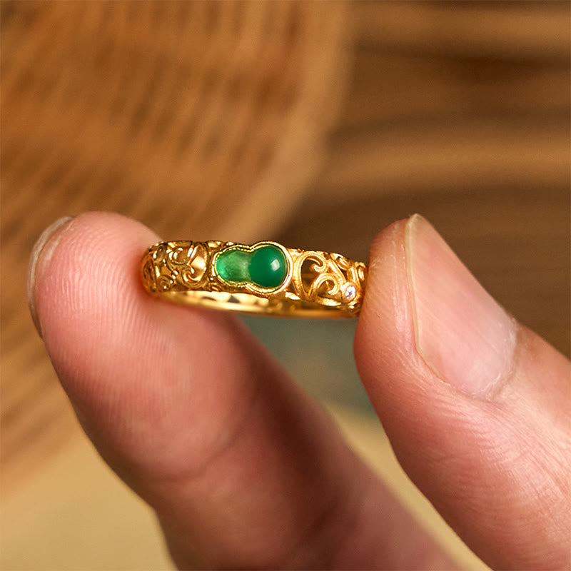 Ring Vintage Kupfer mit Grüner Chalzedon Kürbis Wohlstand Feng Shui Glück