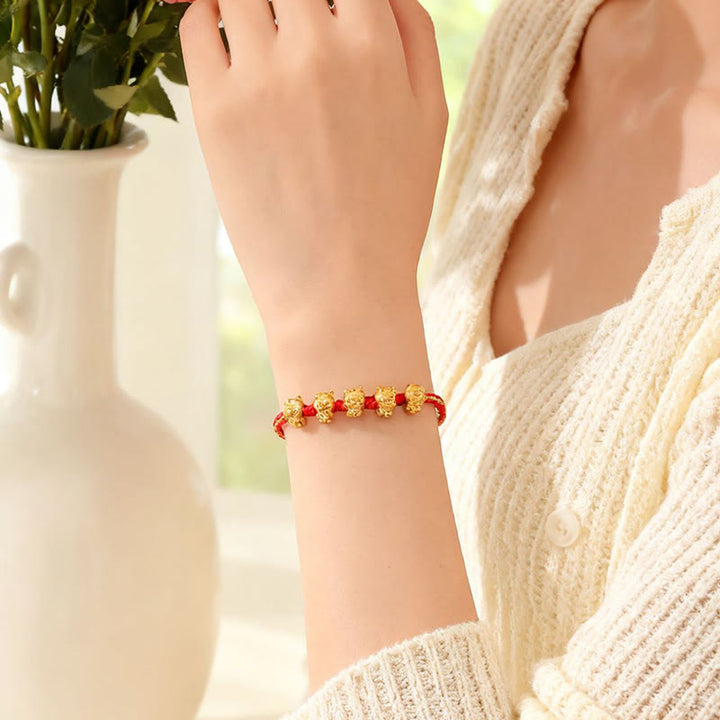 Armband 925 Silber Fu-Zeichen Wohlstand rotes Band goldene Perlen Handgelenk