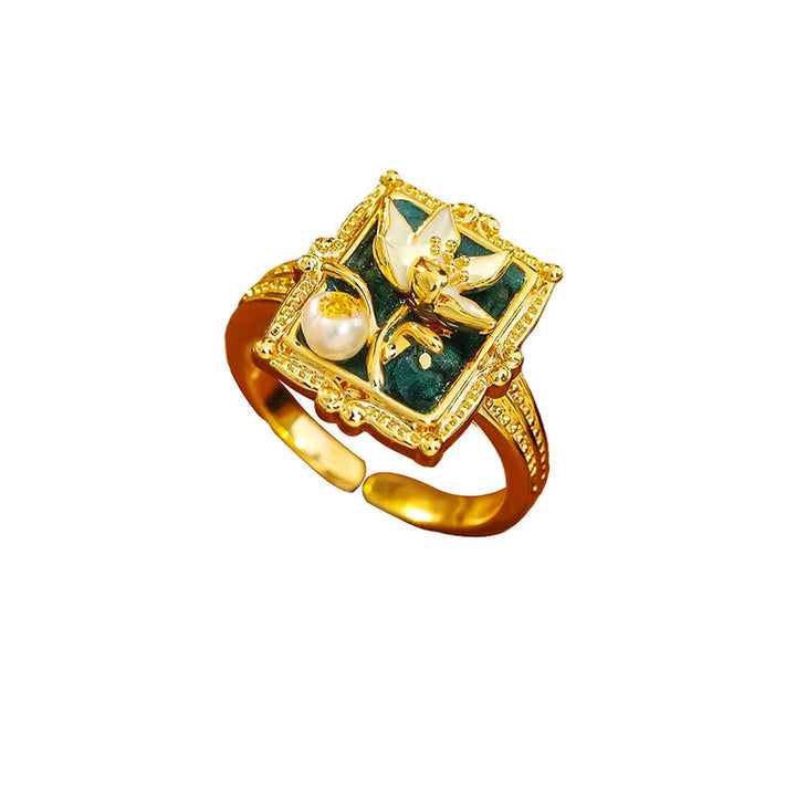 Ring Kupfer Perle Lotusblüte Jade Buddha Wohlstand Schutz Glück