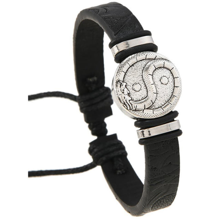 Armband Leder Drache Yin Yang Balance Silber Medaillon Handgelenk Schmuck