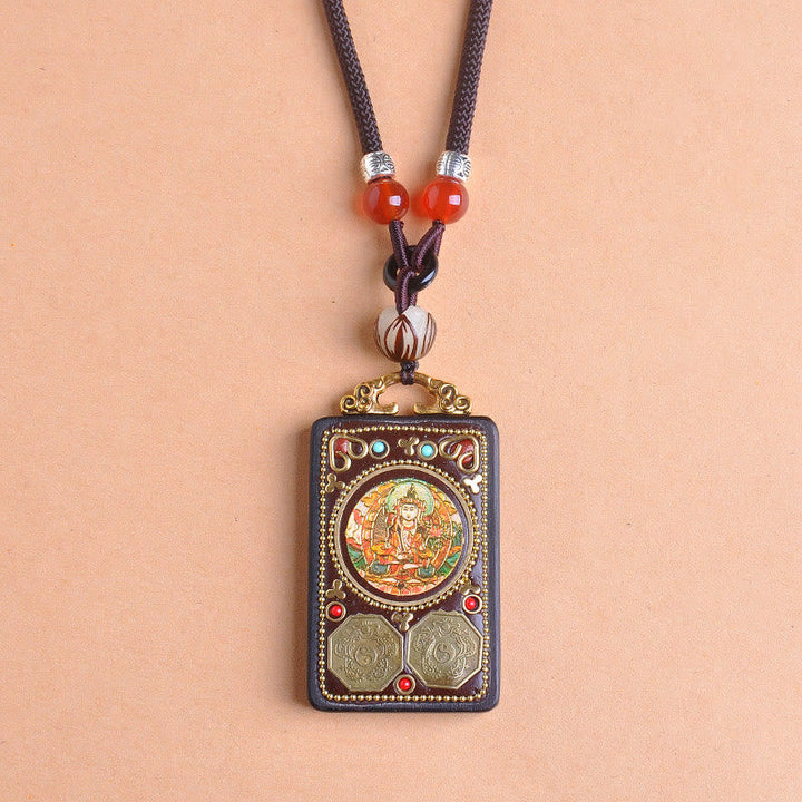 Schwarze Kette buddhistischer Kupfermünz Anhänger Meditation Spiritualität Gleichgewicht