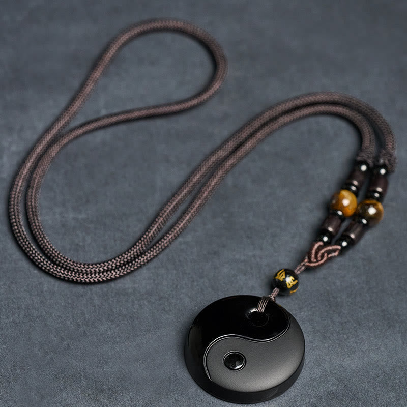 Schwarze Obsidian Kette mit Yin Yang Anhänger Schmuck Stärke