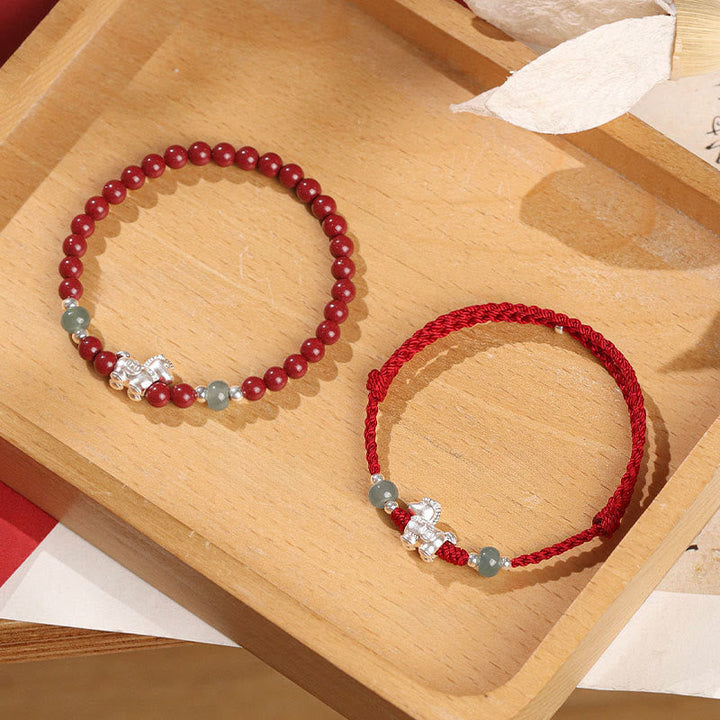 Armband Zinnober Jade Pixiu Silber rote Schnur Holzschale Glück Schutz