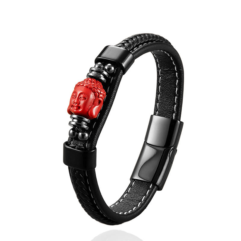 Armband Zinnober Fu-Zeichen Leder – Segen mit rotem Buddha und schwarzem Magnetverschluss