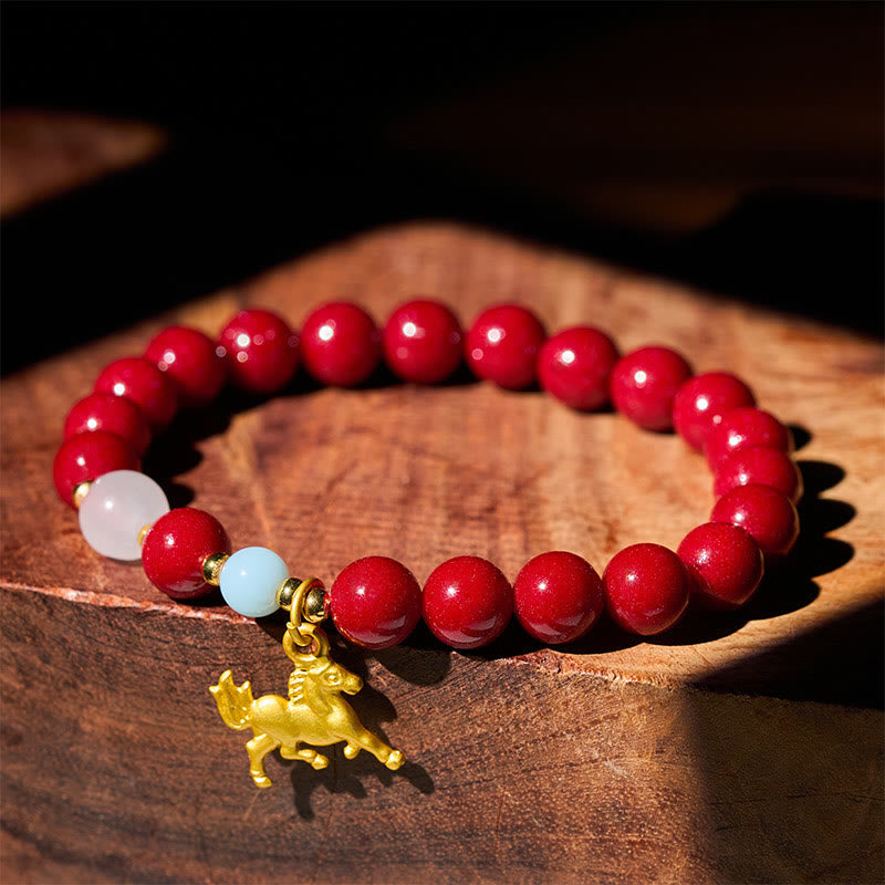 Armband Zinnober Jahr Des Pferdes – Segen rote Perlen goldenes Pferd Anhänger Holz