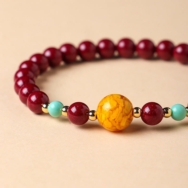 Armband Türkis Zinnober – Energie aus roten gelben Perlen Handgelenk Schmuck