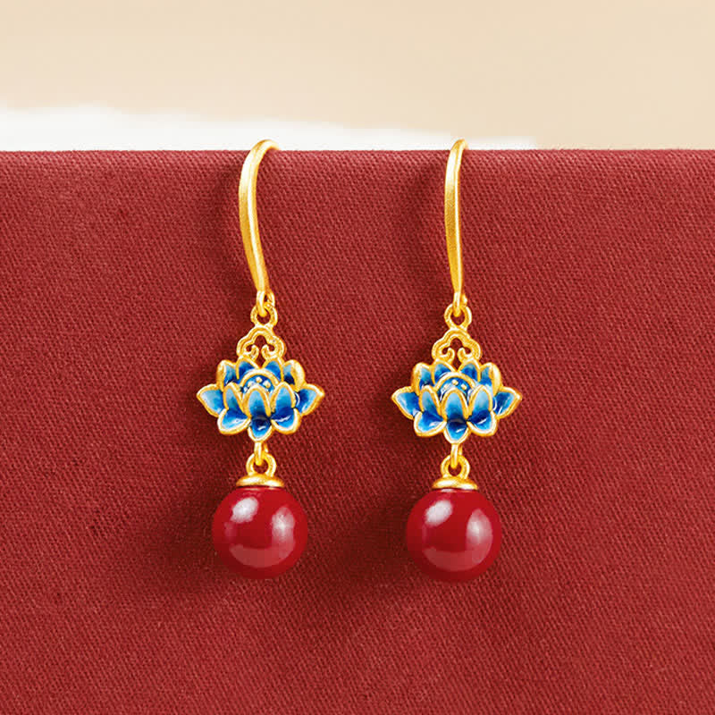 Ohrringe Zinnober Silber Lotus rote Perle blaue Blüte Boho Schmuck