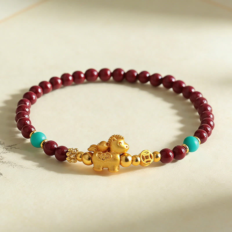 Armband Zinnober Fu-Zeichen Ruhe Energie goldenes Pferd türkis Perlen Handgelenk