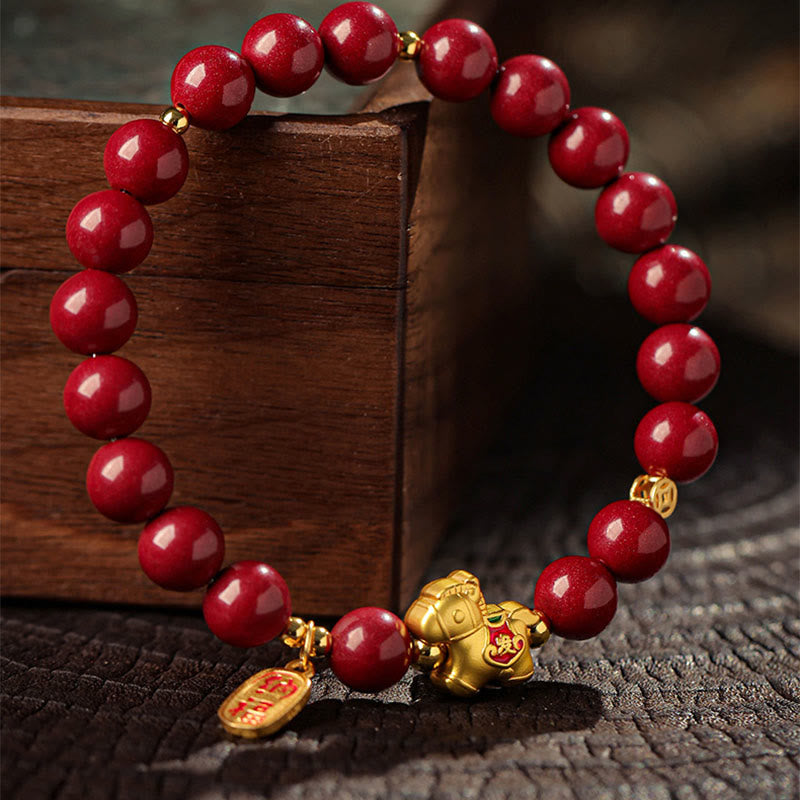 Armband Zinnober Pferd – Segen rote Perlen goldenes Pferd Anhänger Glück