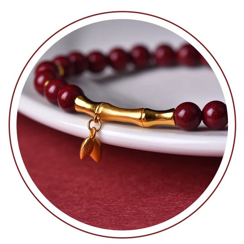 Armband 925 Silber Zinnober Bambus rote Perlen goldenes Blatt Anhänger
