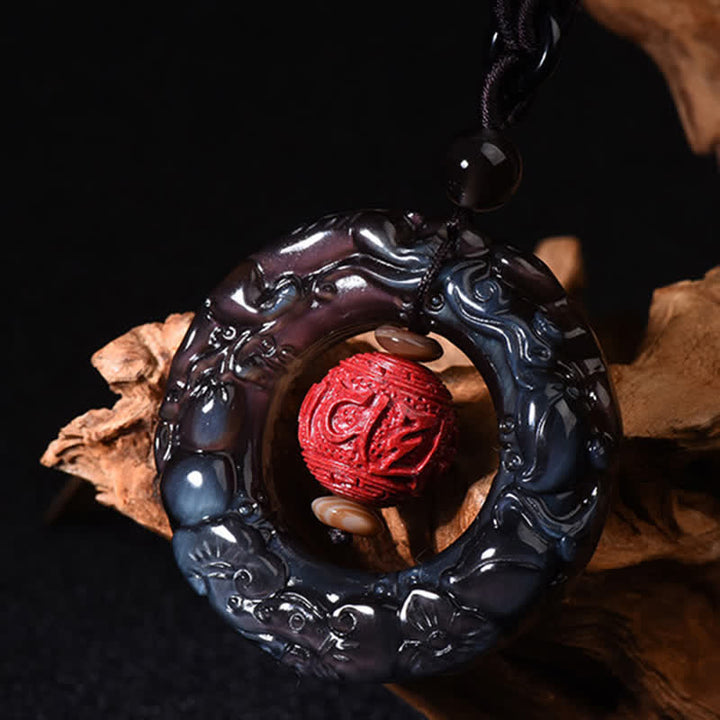 Obsidian Pixiu Kette mit rotem Zinnober Anhänger Heilung Naturstein