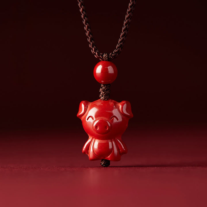 Zinnober Kette mit Pferd Anhänger Chinesischer Zodiak Segen Naturstein