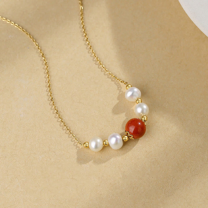Kette weiße Perlen roter Zinnober Buddha Heilstein Sterlingsilber Anhänger