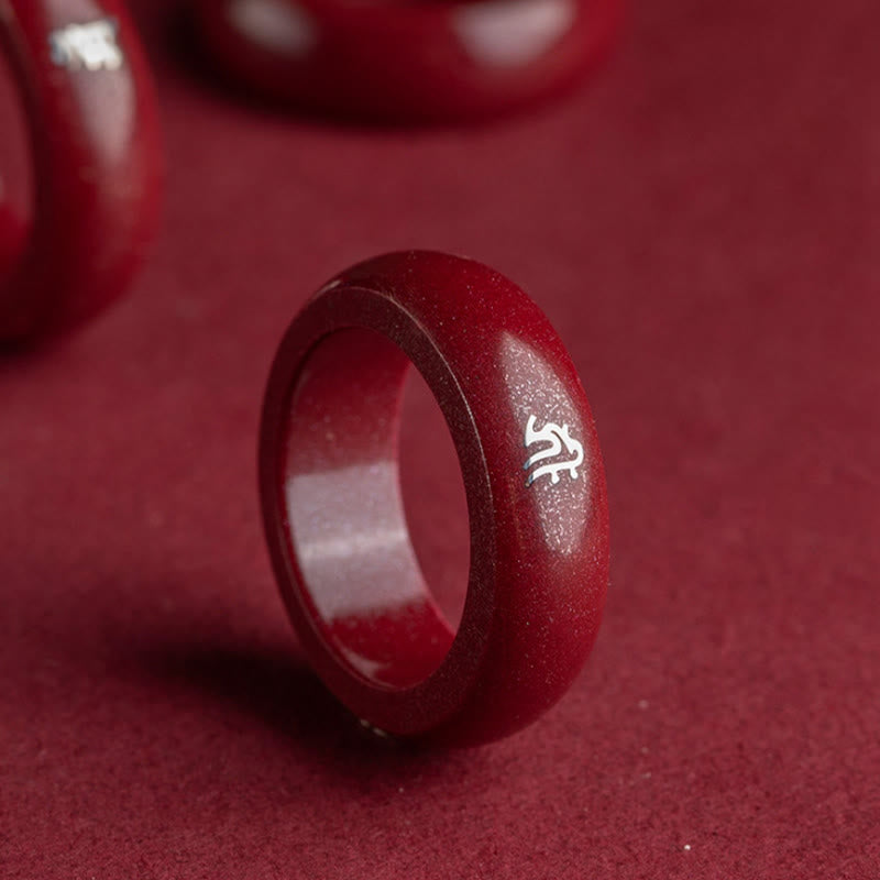 Zinnober Ring Chinesisches Pferdjahr mit Pixiu Symbol Glück Feng Shui Stein