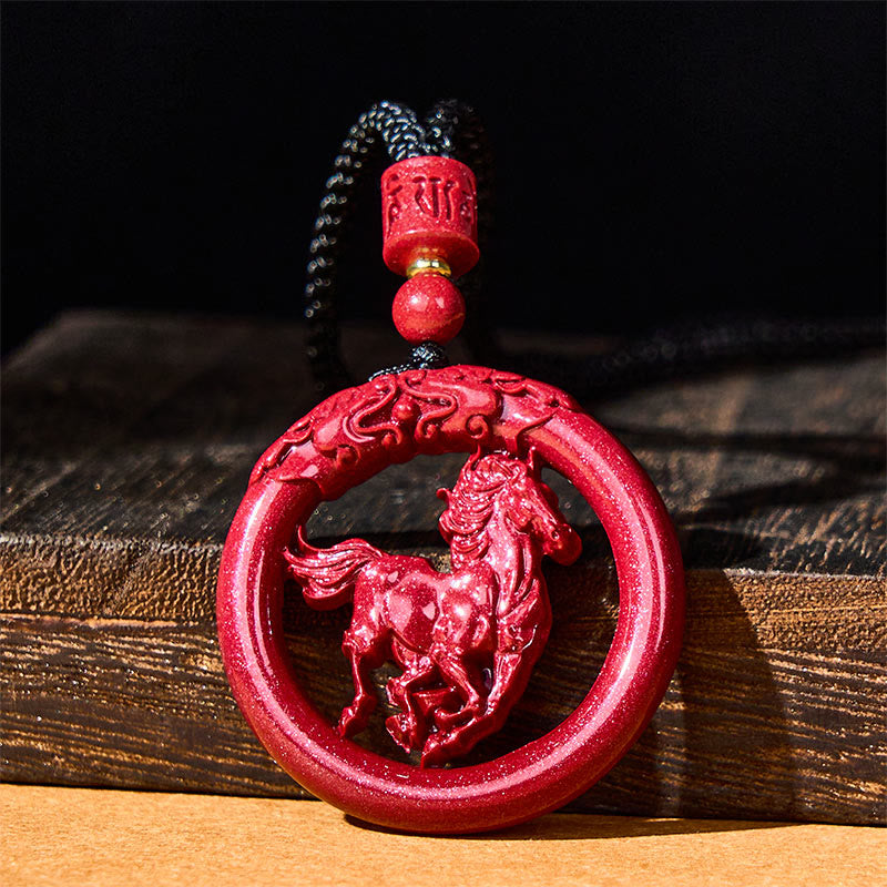 Roter Zinnober Anhänger Pferd Buddha Frieden schwarze Perlenkette