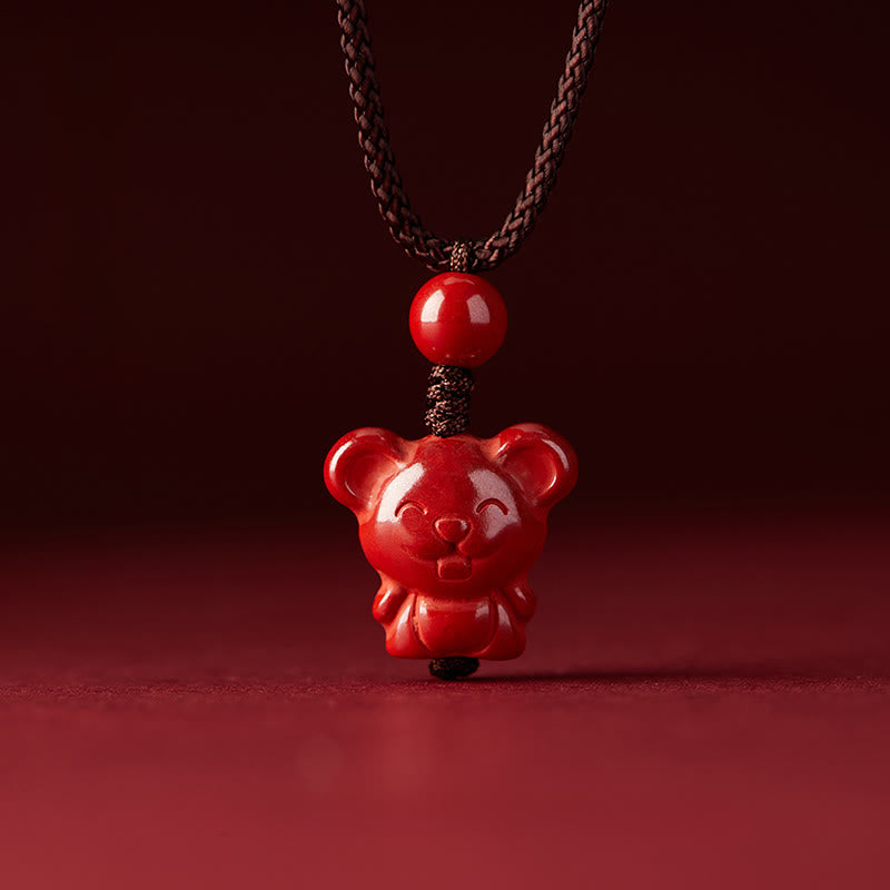 Zinnober Kette mit Pferd Anhänger Chinesischer Zodiak rote Naturstein Segen