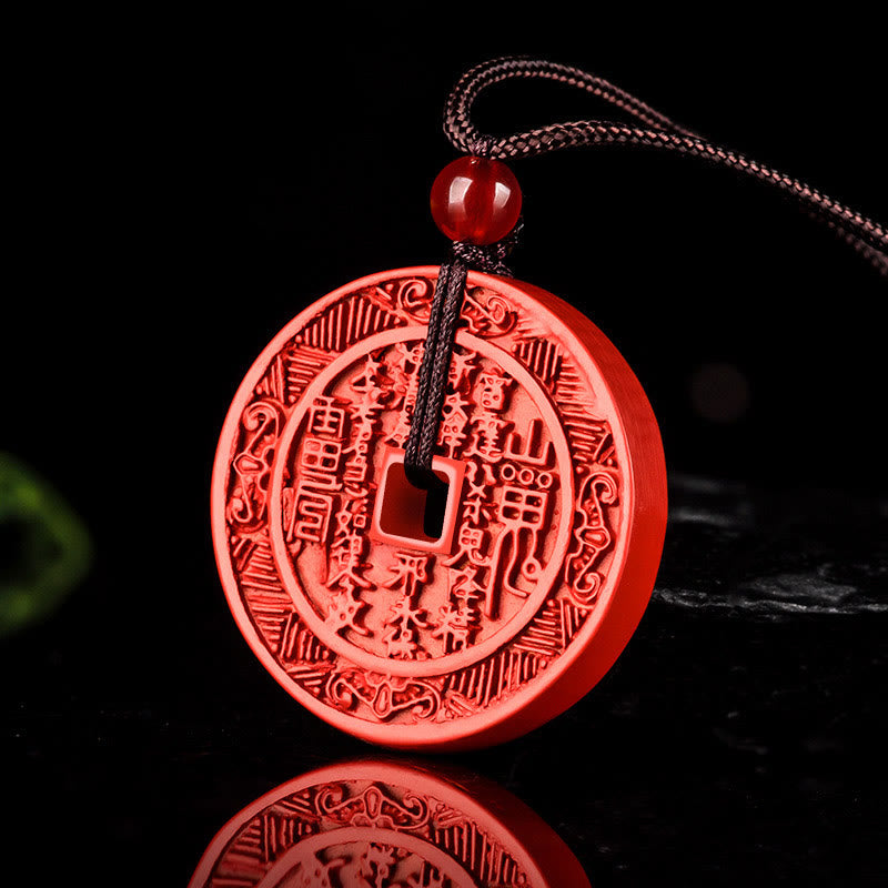 Rote Zinnober Kette Berggeist Bagua Anhänger Naturstein elegant getragen