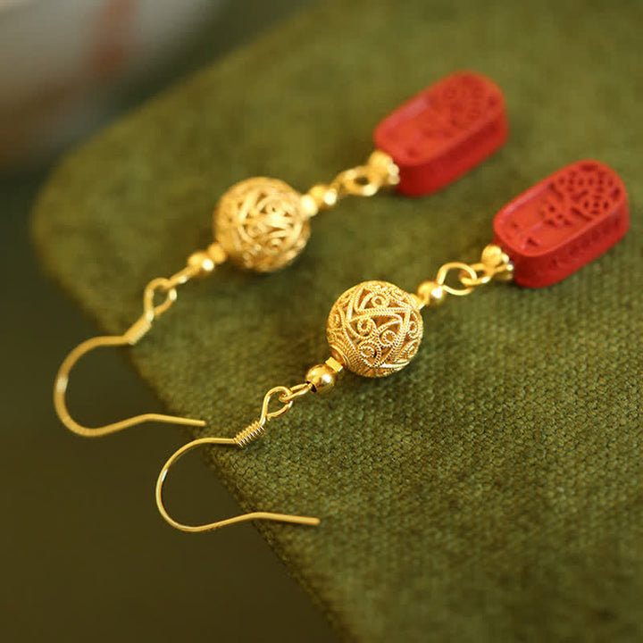 Ohrringe Zinnober Kupfer Filigran – Segen rote Perlen goldene Haken Boho Schmuck